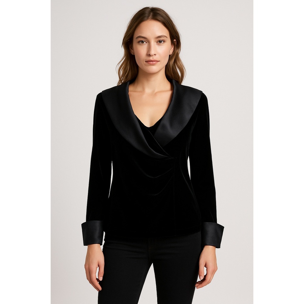 ONYX Nite Velvet Evening Top XL Black Satin Lapel Cuffs NWT Cocktail Blouse